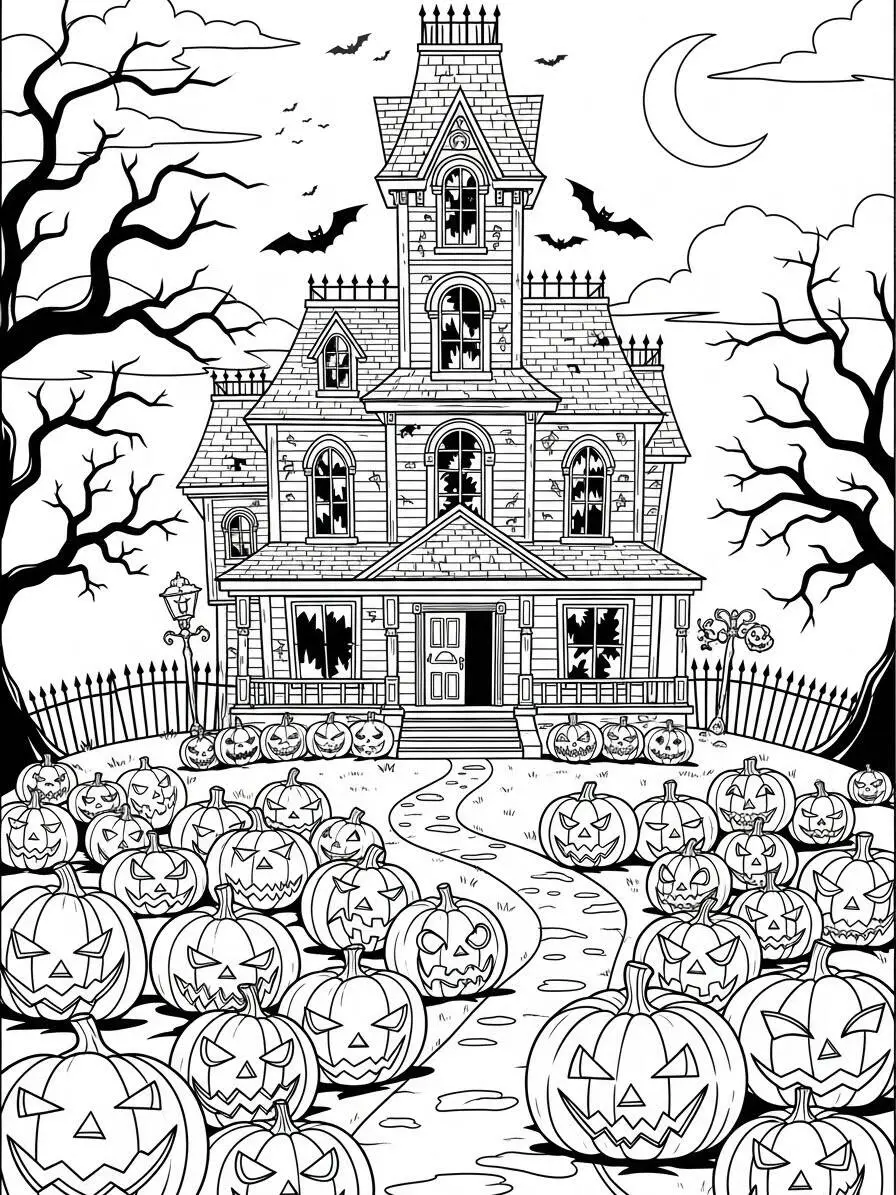 Página para colorear de casa encantada con calabazas