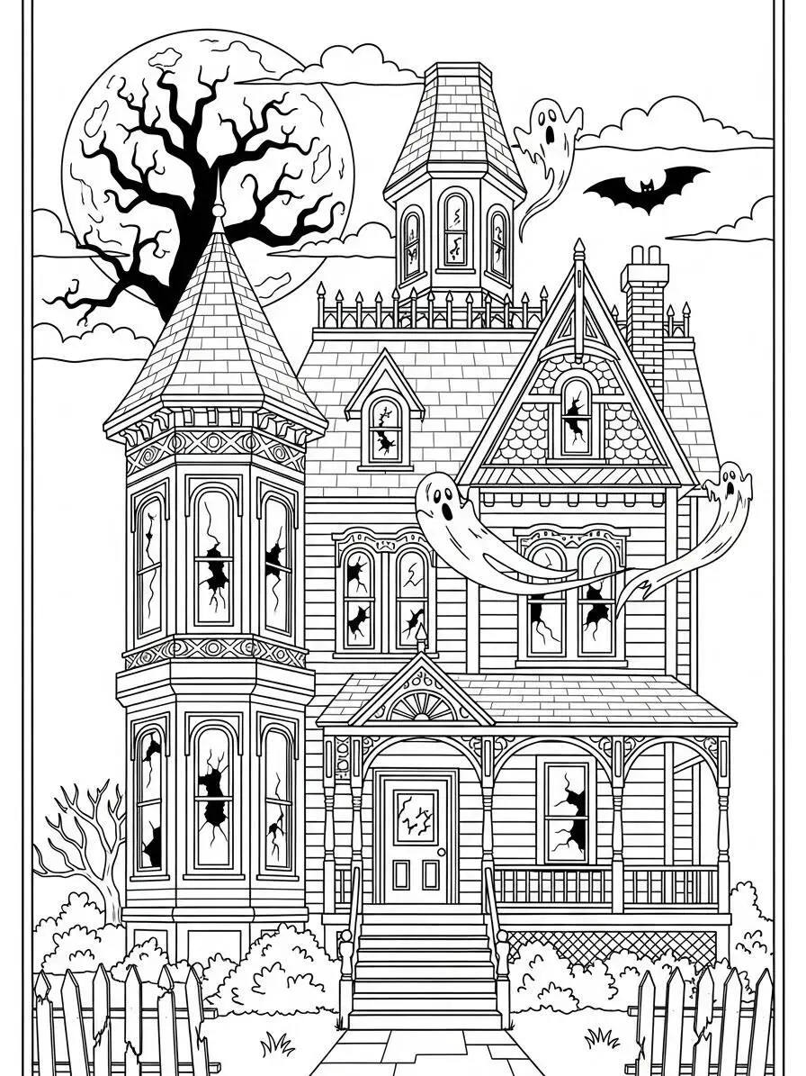 Página para colorear de casa encantada con fantasmas y murciélagos