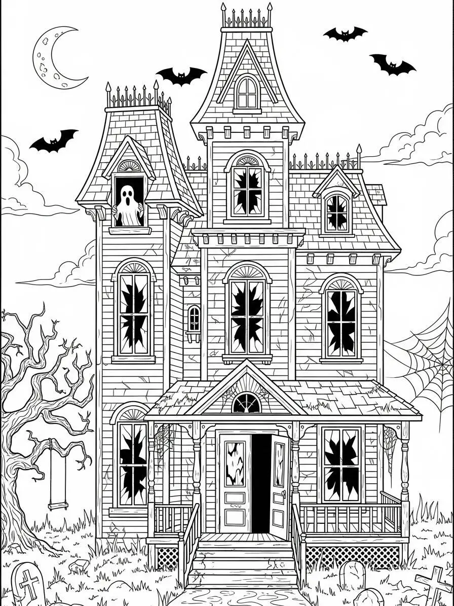 Página para colorear de casa encantada con fantasmas y murciélagos