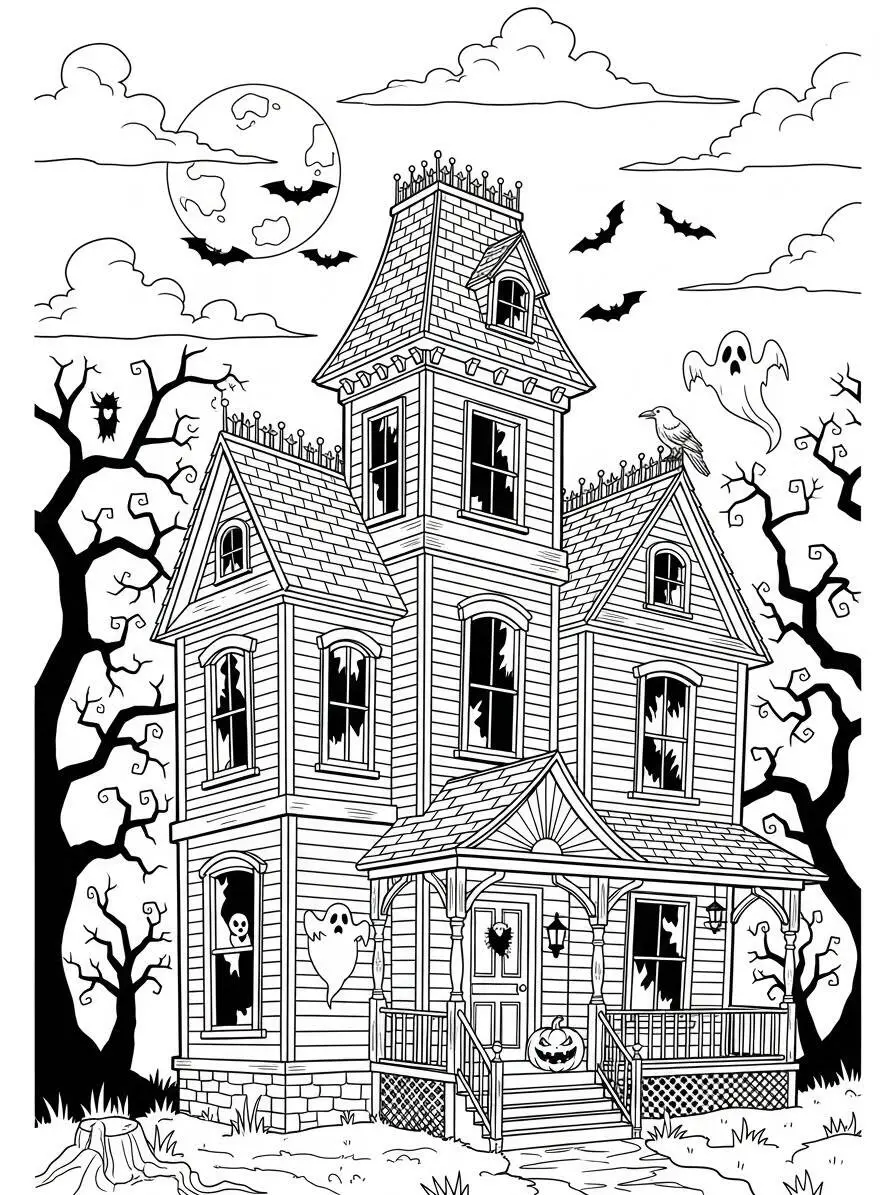 Página para colorear de casa encantada con fantasmas y murciélagos