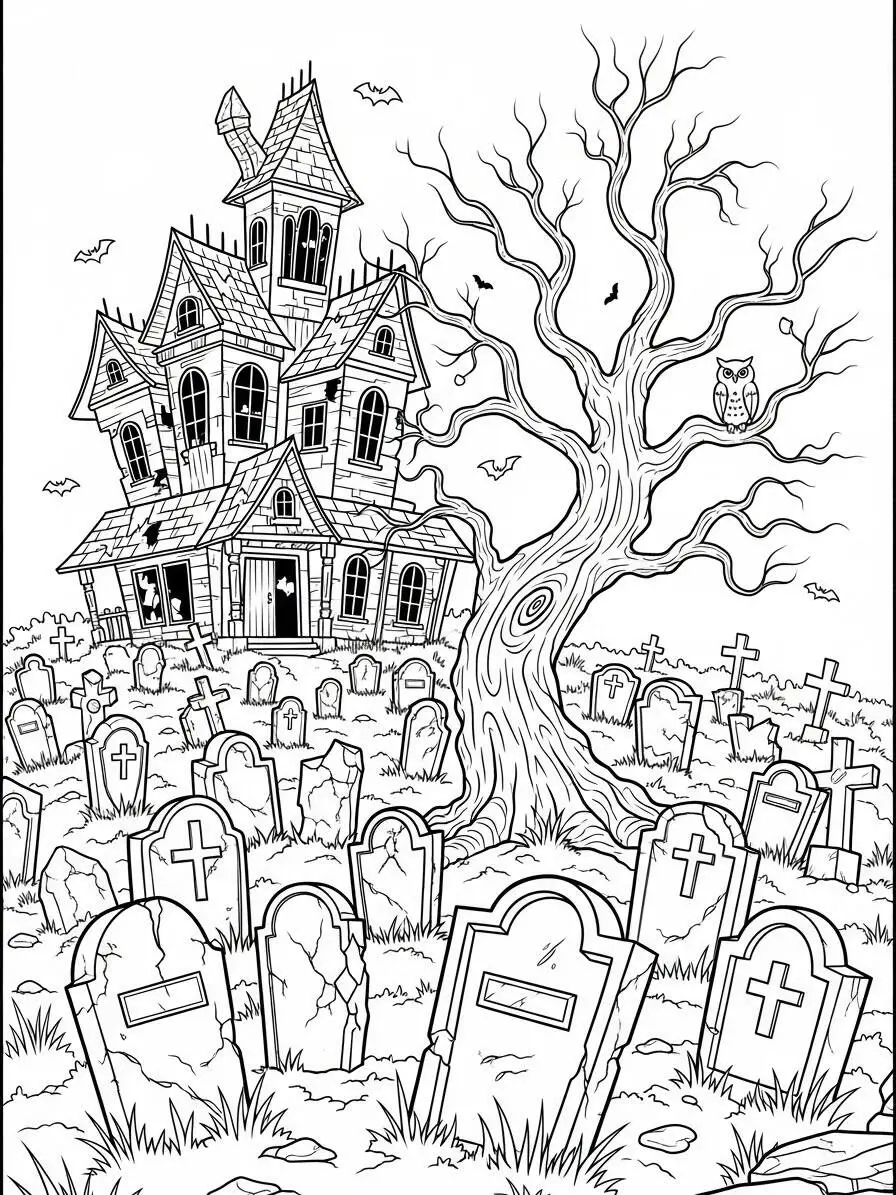 Página para colorear de casa encantada con cementerio