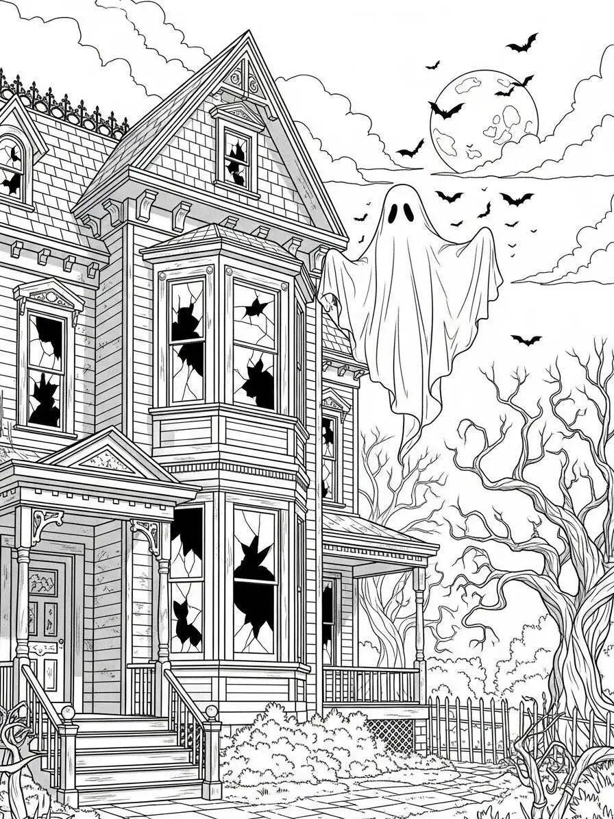 Página para colorear de casa encantada con fantasmas y murciélagos