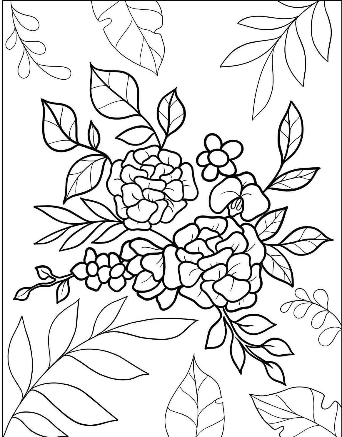 Flowers with Roses and Foliage Coloring Page