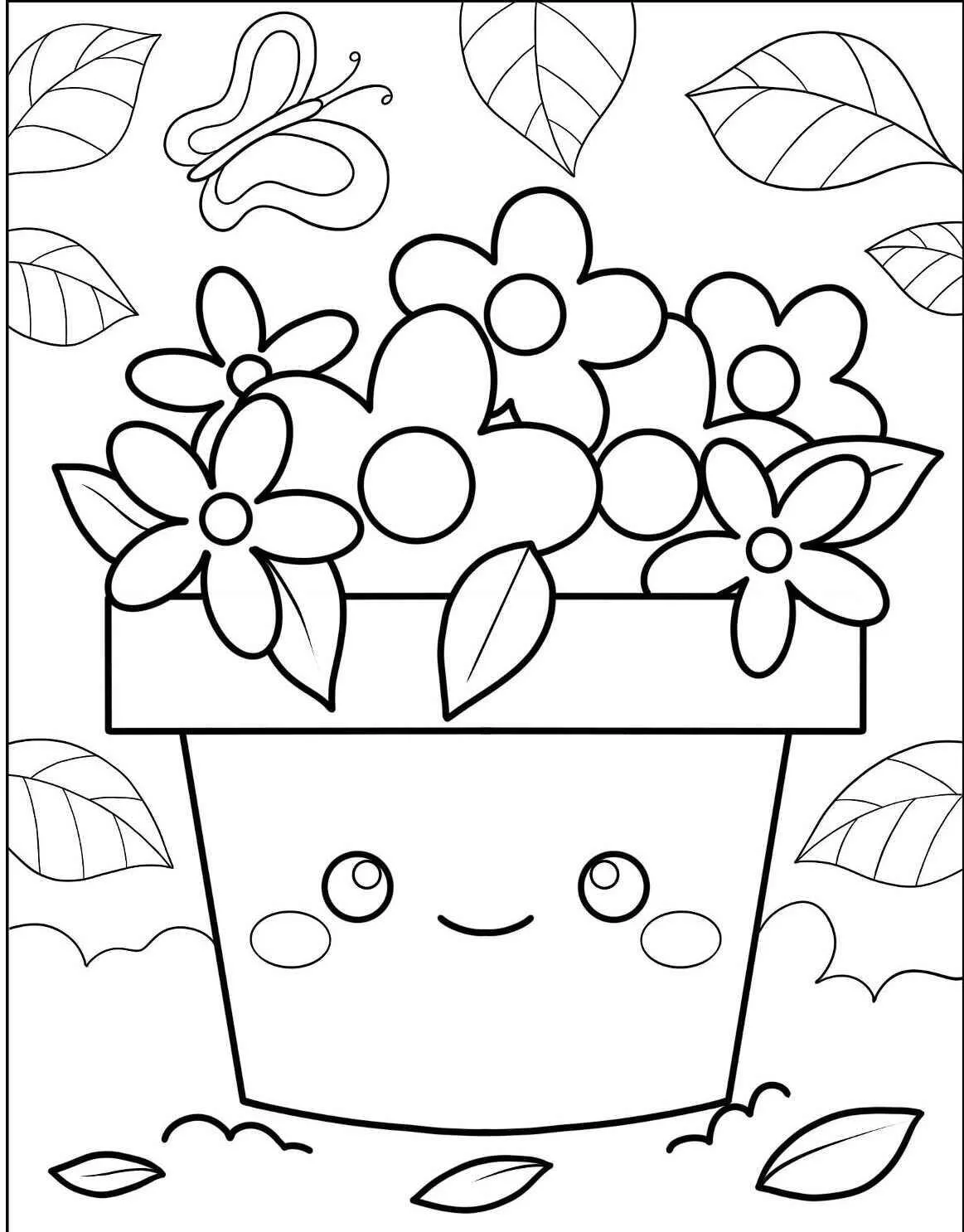 Colorful Flowers in Vase with Butterfly Coloring Page