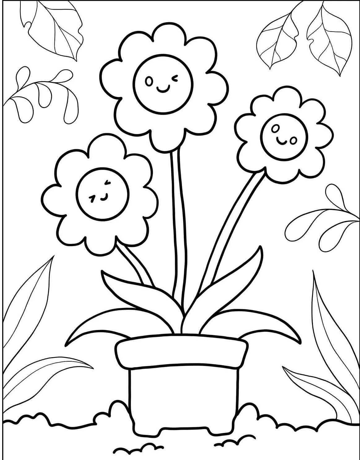 Desenho de Flores Sorridentes em Vaso para Colorir
