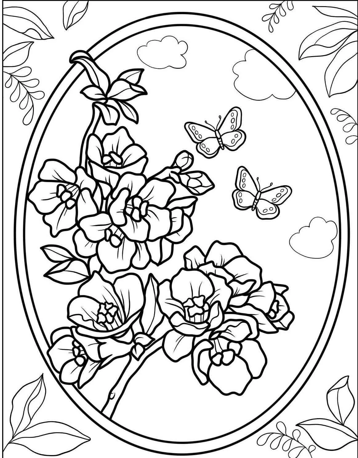 Flowers with Butterflies Coloring Page