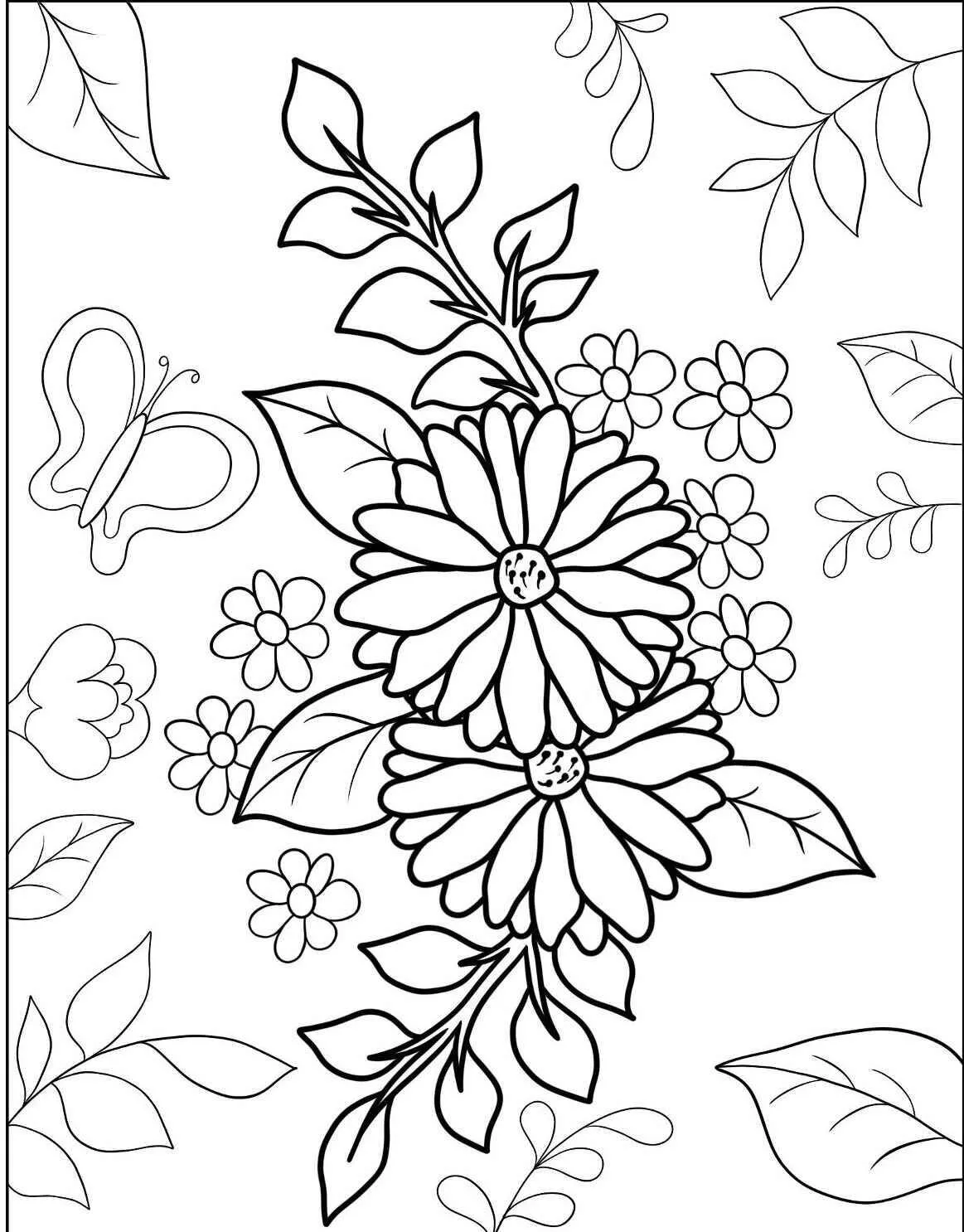 Desenho de Flores com Margaridas e Borboletas para Colorir