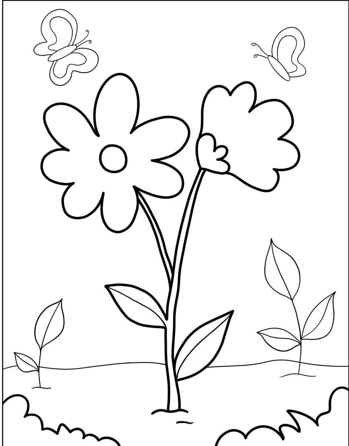 Simple Flowers with Butterflies Coloring Page