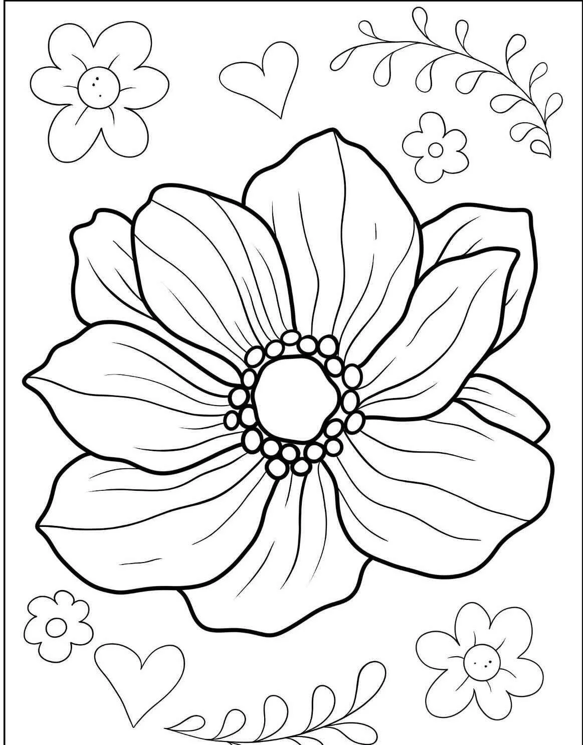 Big Flower with Hearts Coloring Page