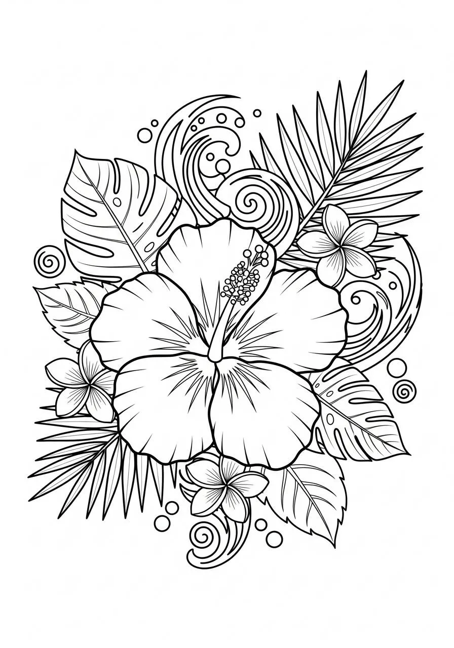 Desenho de Flores Hibisco com Folhagens para Colorir