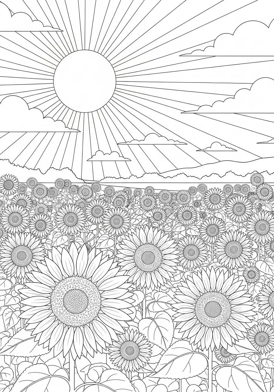 Desenho de Campo de Girassóis para Colorir