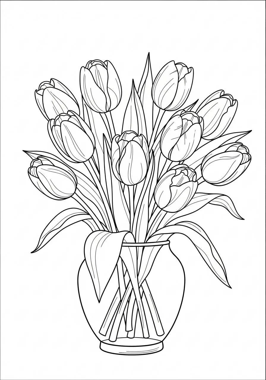 Desenho de Flores Tulipas em Vaso para Colorir