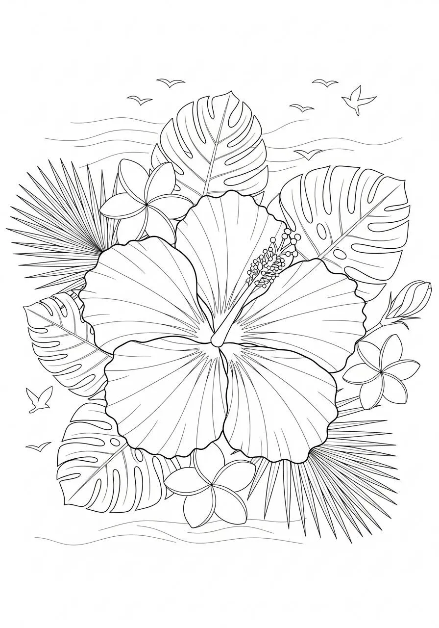Desenho de Flores Hibisco e Folhagens para Colorir