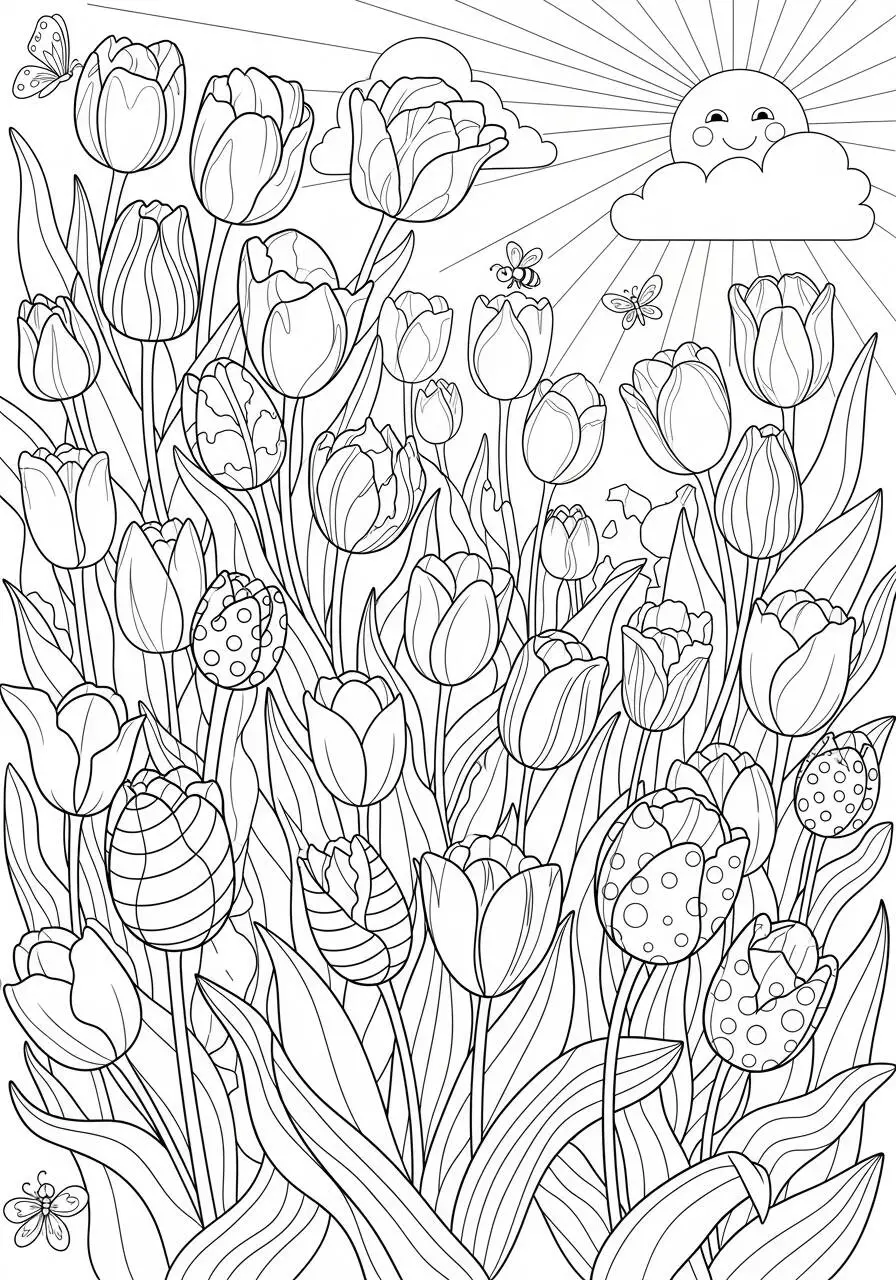 Desenho de Campo de Tulipas para Colorir