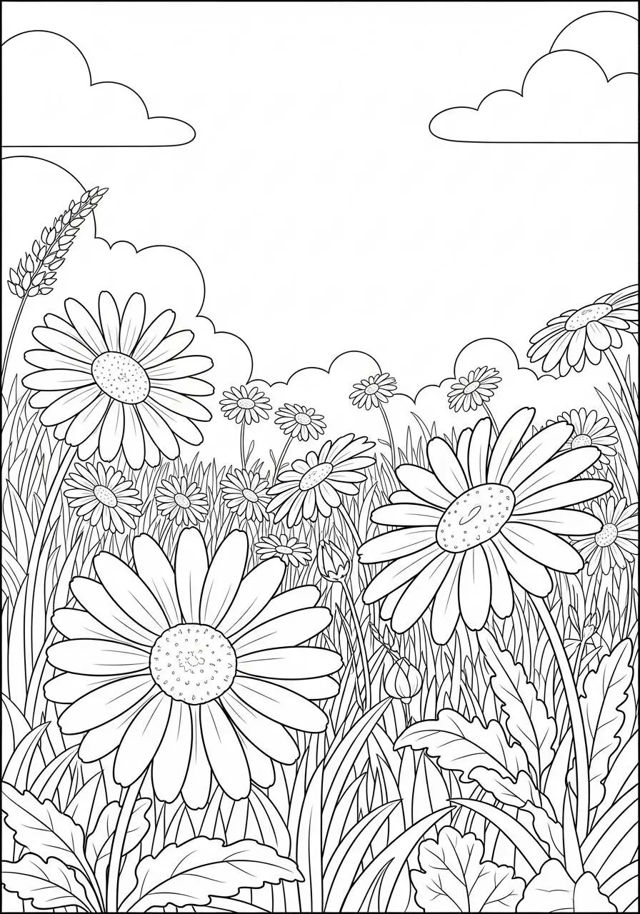 Desenho de Flores Margaridas em Campo para Colorir