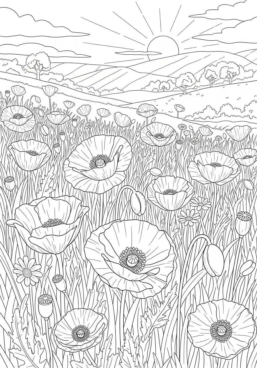 Desenho de Flores de Papoulas em Campo para Colorir