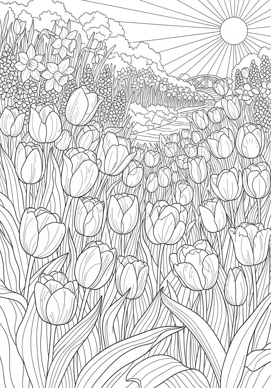 Desenho de Campo de Tulipas para Colorir