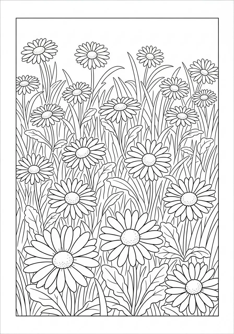 Daisy Flowers in Field Coloring Page
