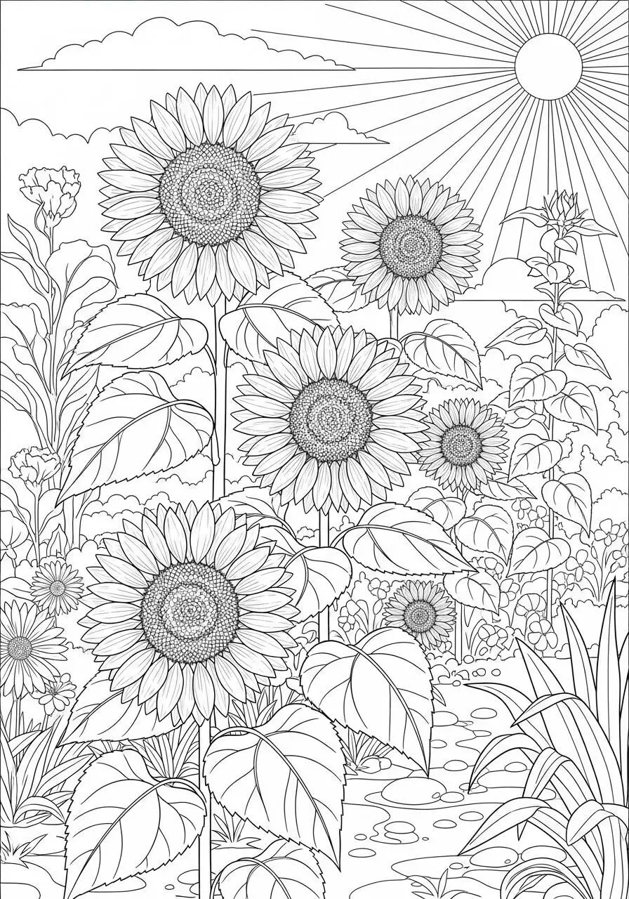 Desenho de Campos de Girassóis para Colorir