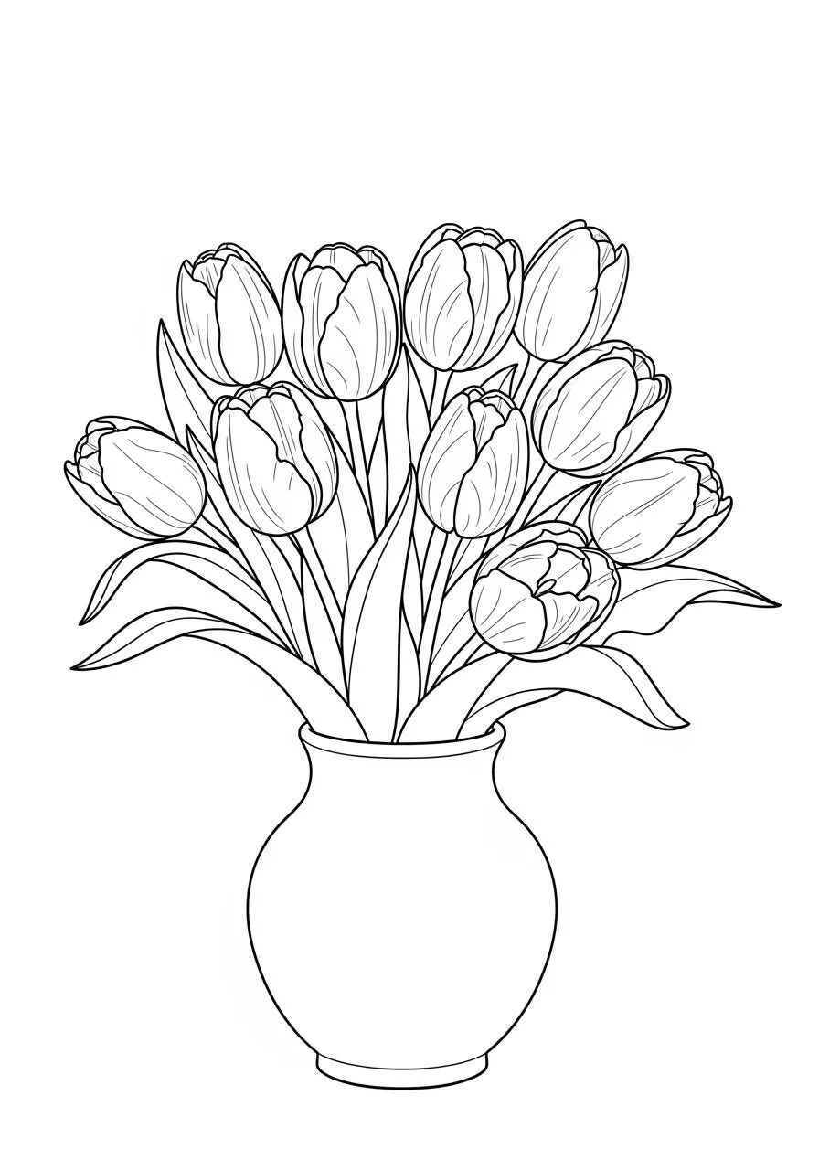 Desenho de Flores Tulipas em Vaso para Colorir
