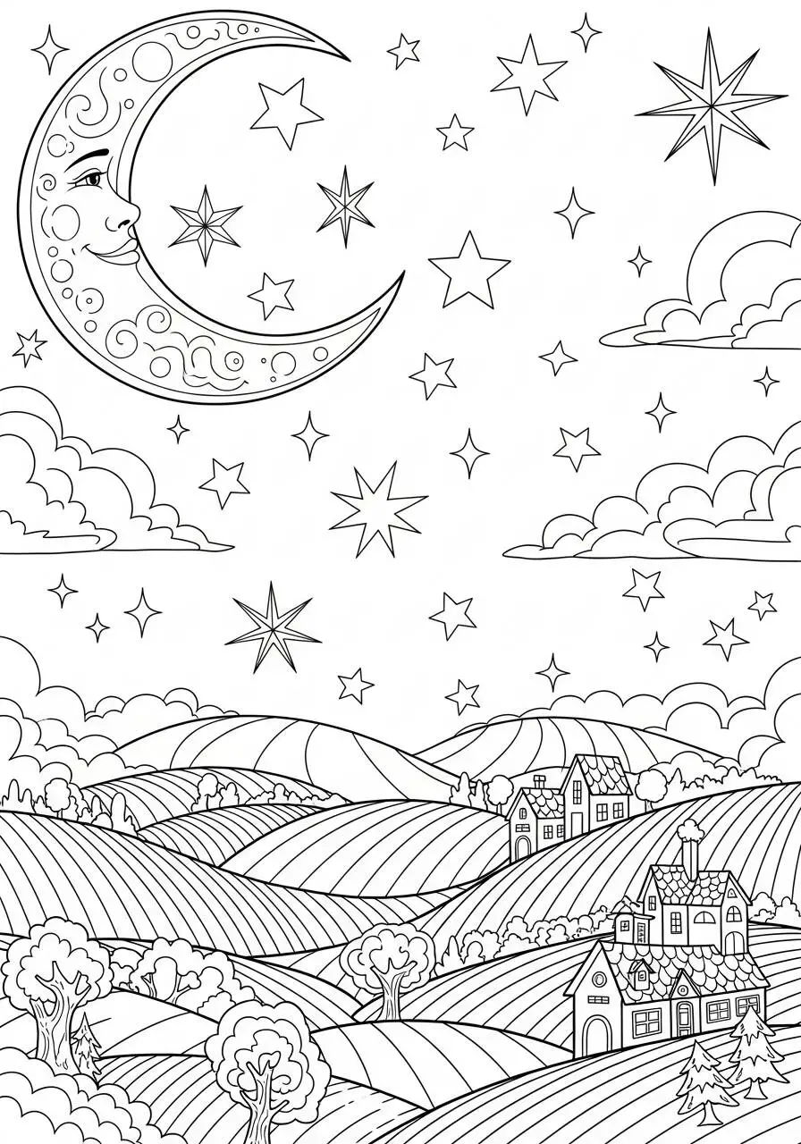 Coloriage étoiles et lune