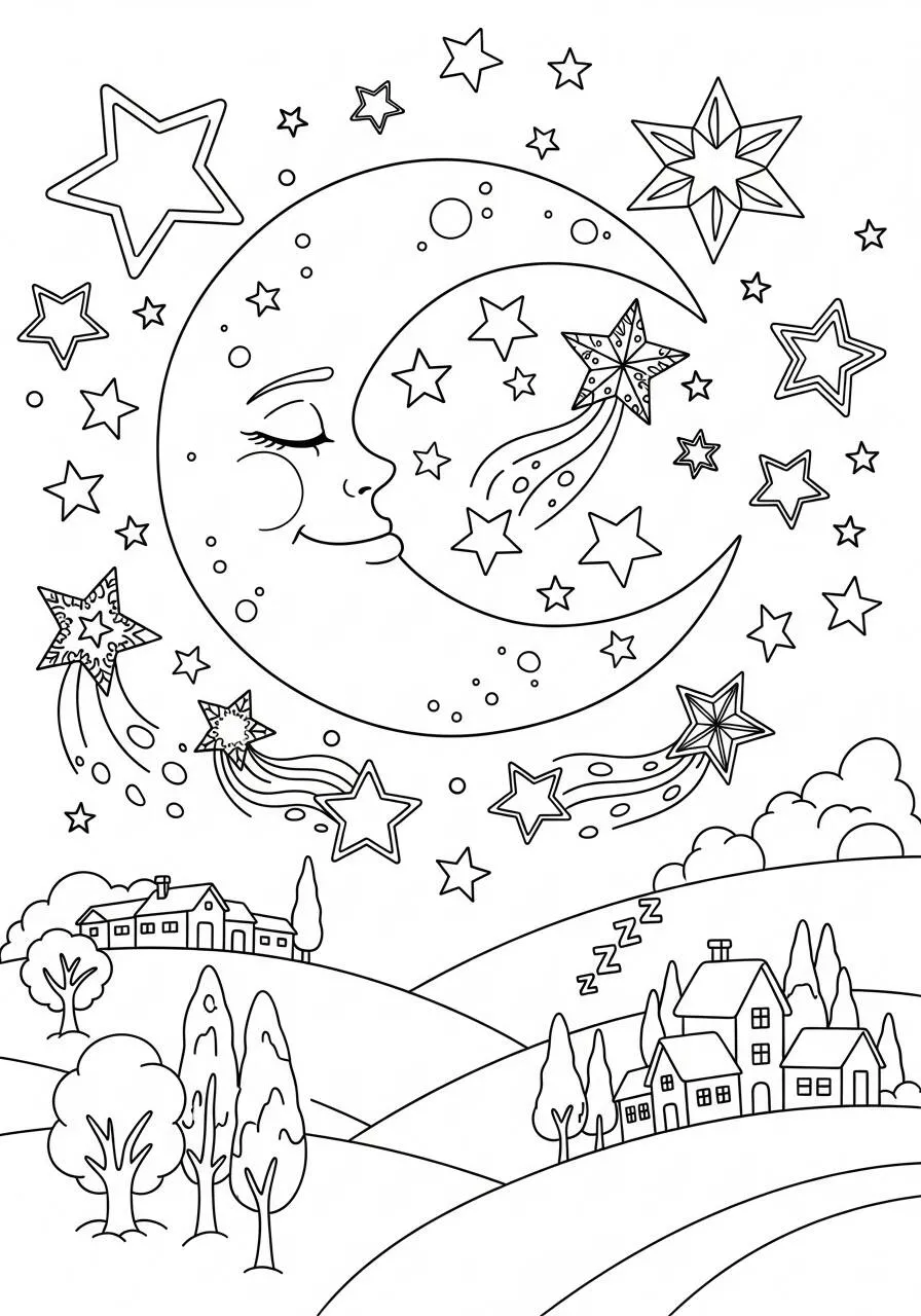 Página para colorear de estrellas y luna