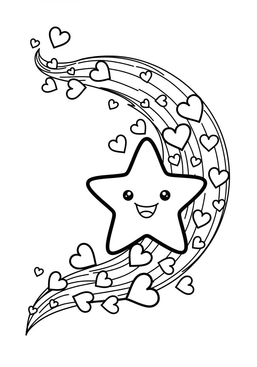 Página para colorear de estrella feliz con corazones