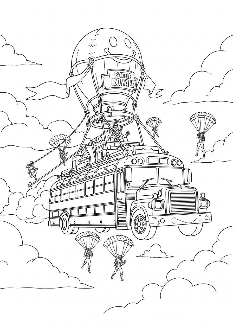 Desenho de Fortnite com Ônibus de Batalha e Paraquedistas para Colorir