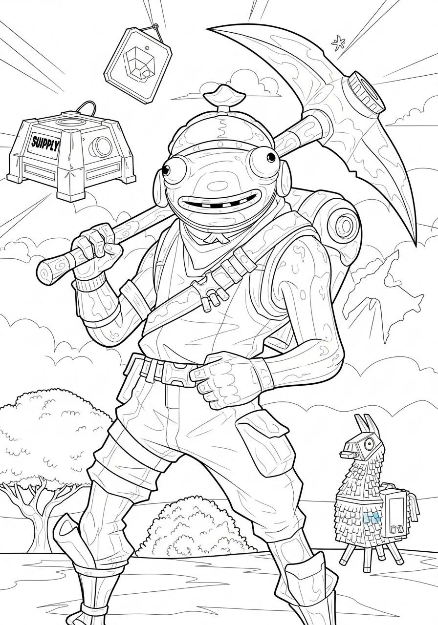 Desenho de Fortnite com personagem divertido e picareta para Colorir