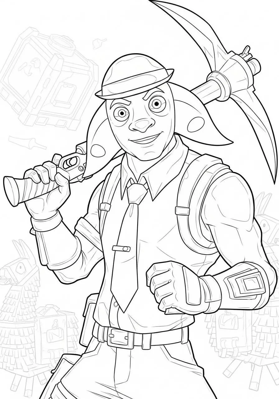 Desenho de Fortnite com personagem divertido e picareta para Colorir