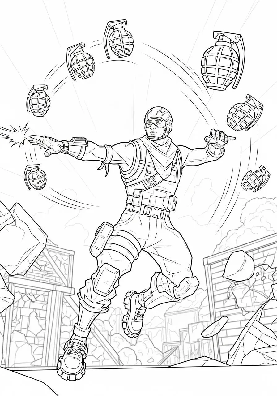 Desenho de Fortnite com Guerreiro Lançando Granadas para Colorir