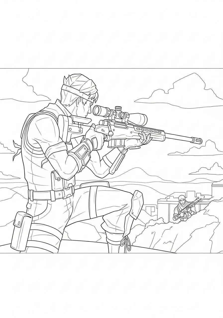 Desenho de Fortnite com Sniper em Ação para Colorir