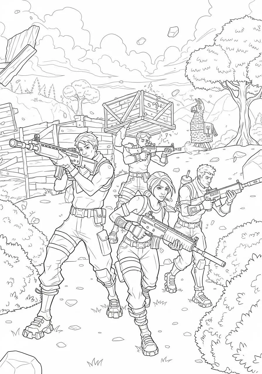Desenho de Fortnite com Equipe em Ação para Colorir