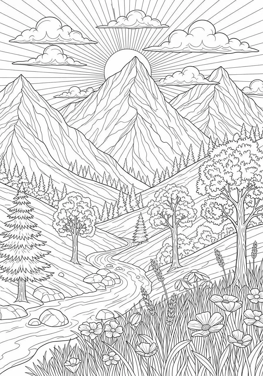 Coloriage de montagnes esthétiques et de paysages naturels