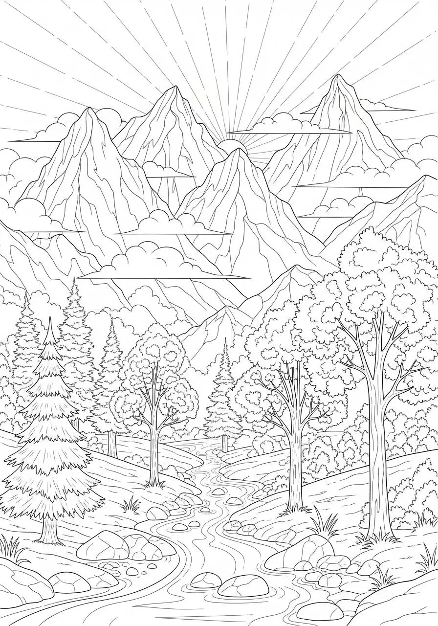 Página para colorear de montañas y bosques estéticos