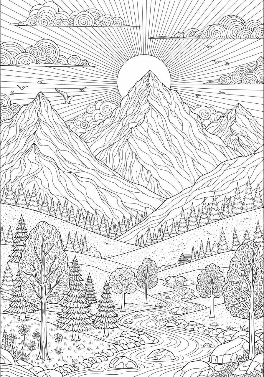 Dibujo para colorear de montañas estéticas y paisajes naturales