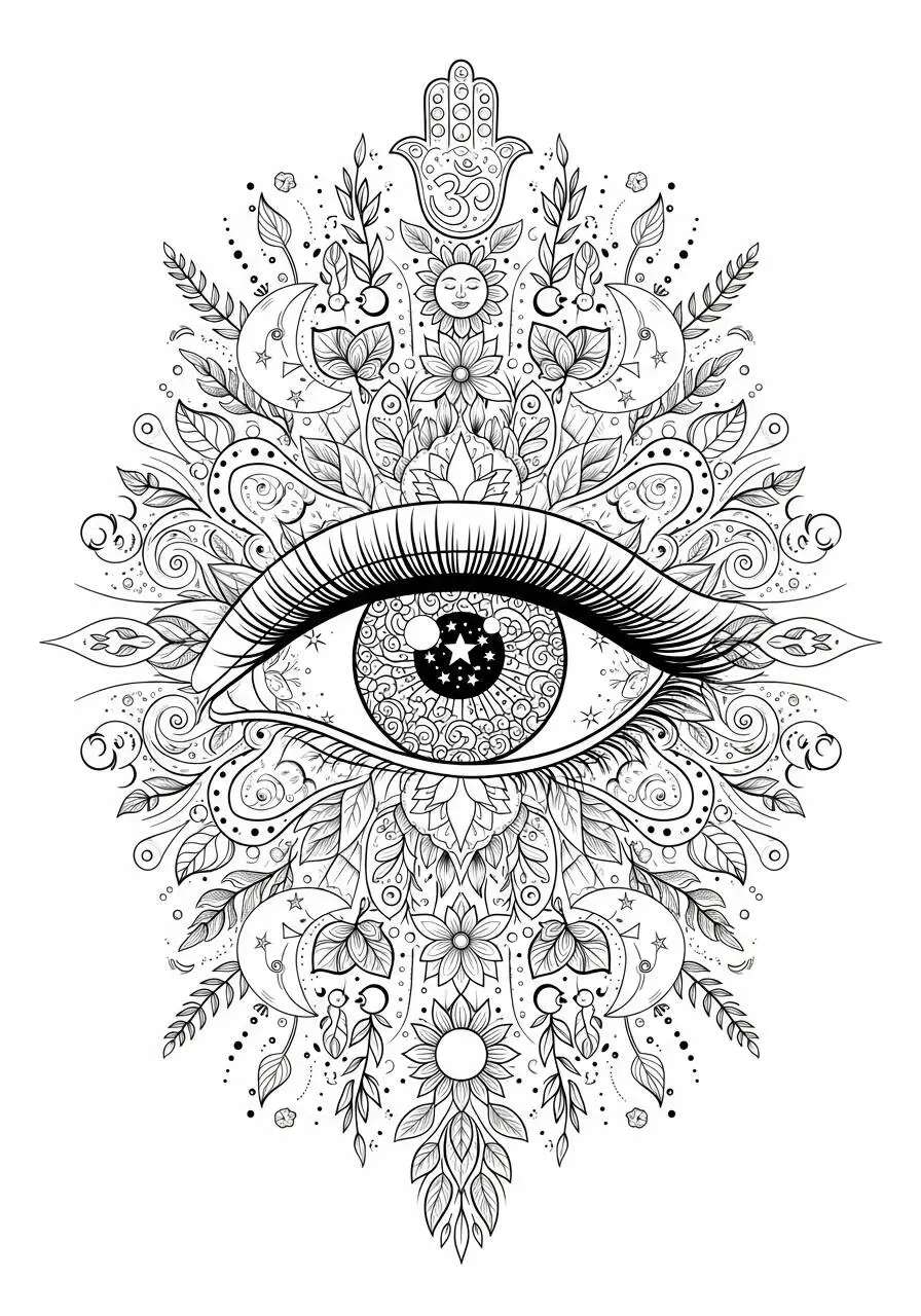 Dibujo estético de ojos con motivos florales para colorear.