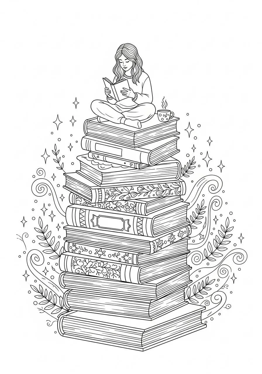 Dessin esthétique d’une fille lisant sur des livres à colorier