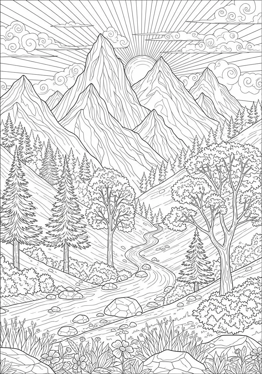Coloriage esthétique de montagnes et de ruisseaux