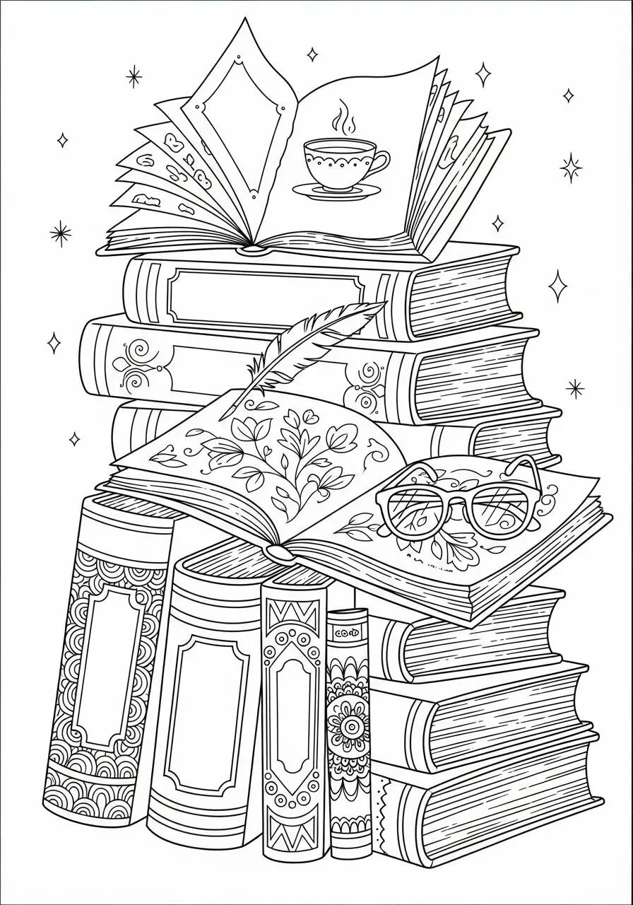 Dibujo estético de libros apilados para colorear.
