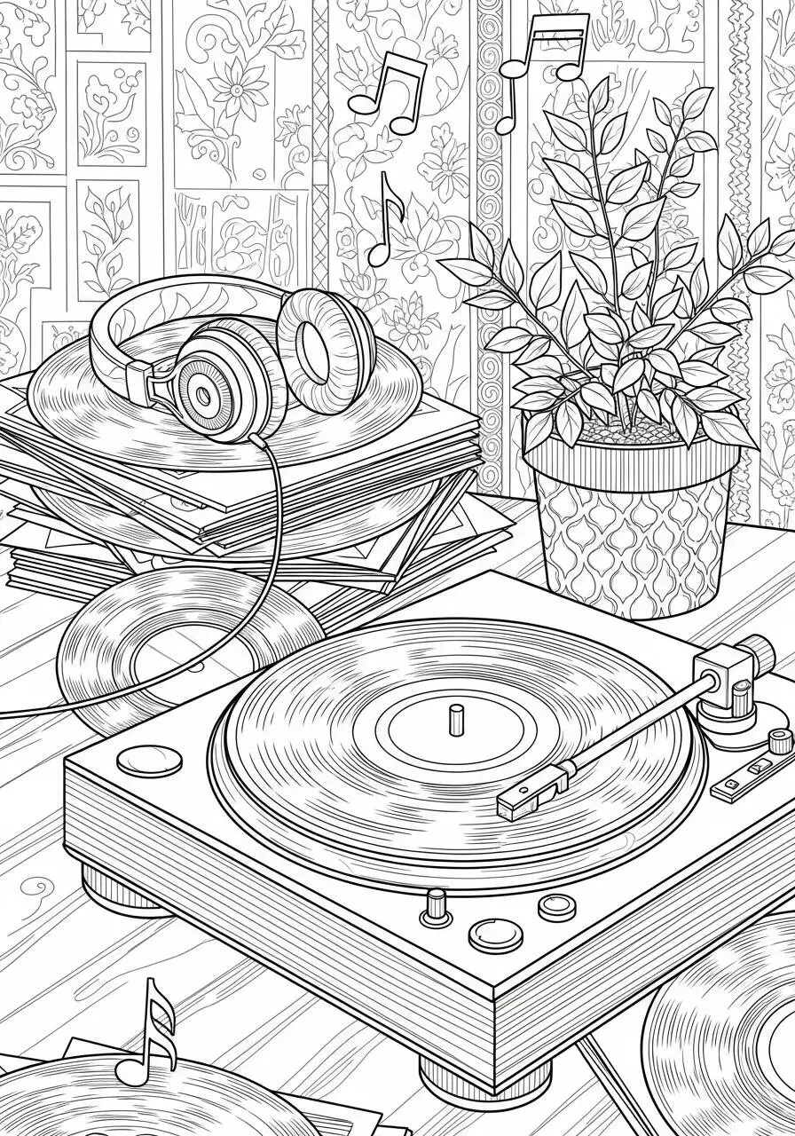 Dibujo para colorear de Victrola estética y auriculares