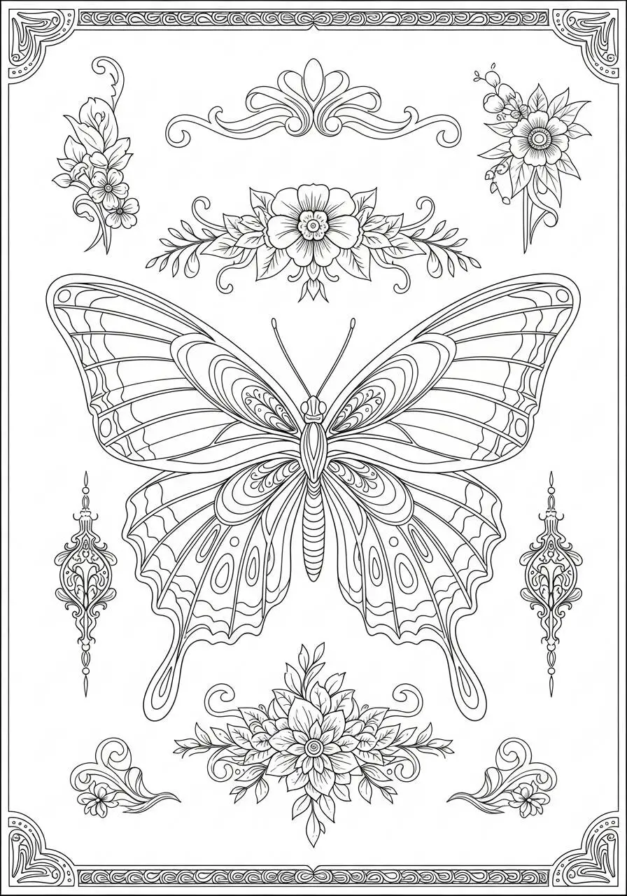 Dibujo para colorear de mariposa estética con flores