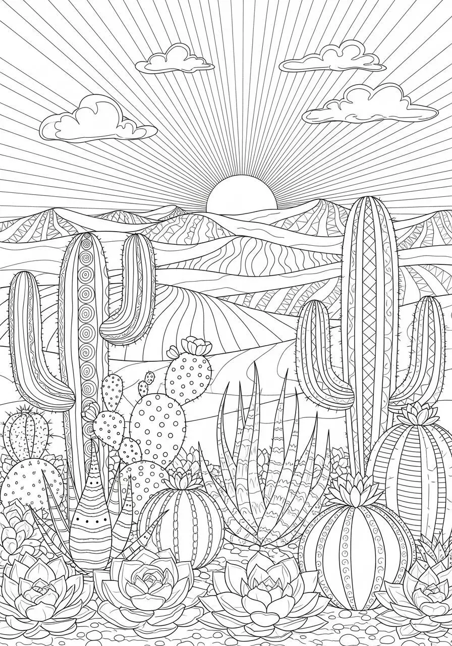 Dibujo estético de cactus y paisaje desértico para colorear