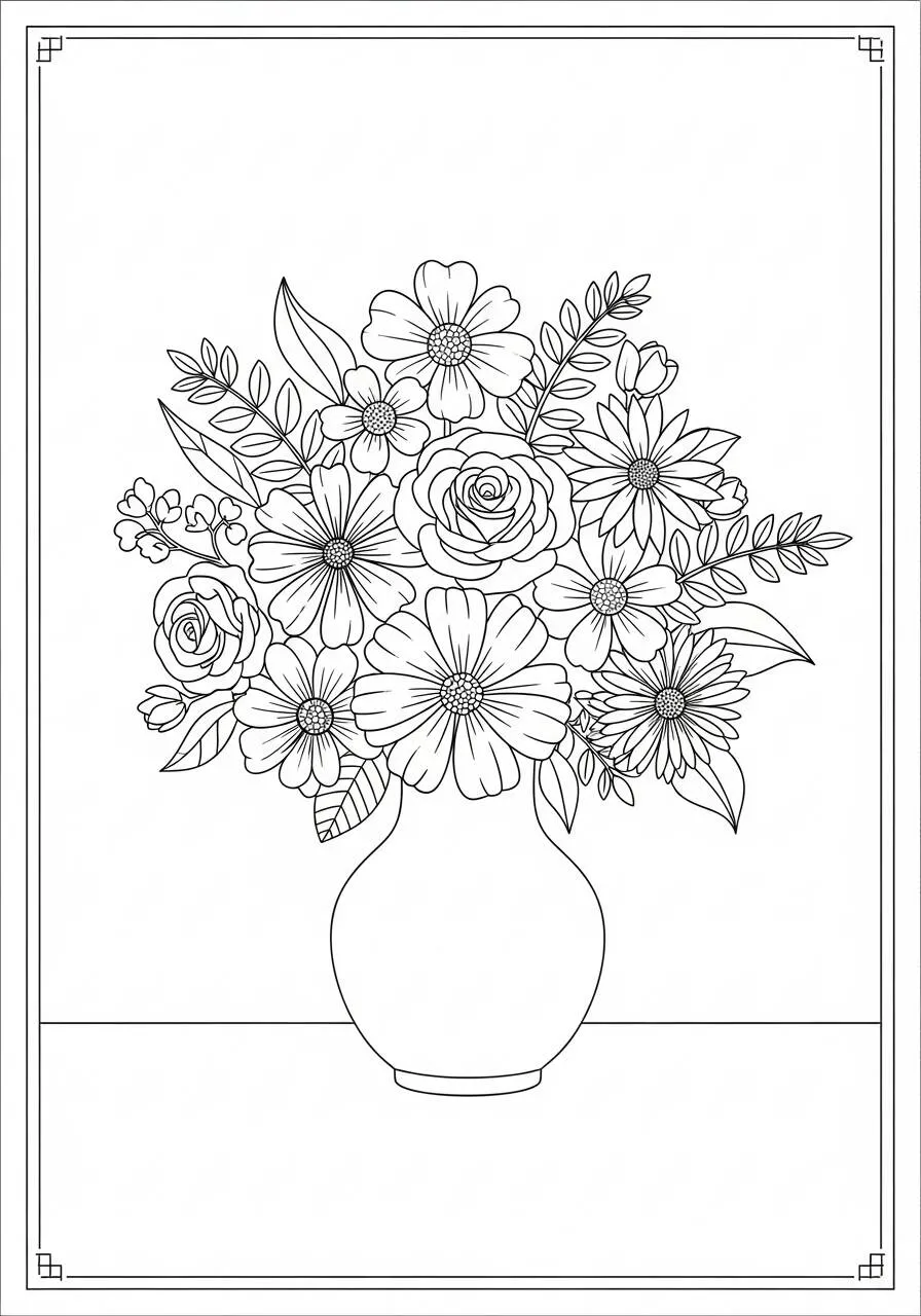Página para colorear de ramo de flores estético