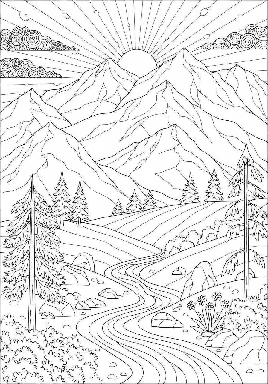 Página para colorear de montañas y ríos estéticos