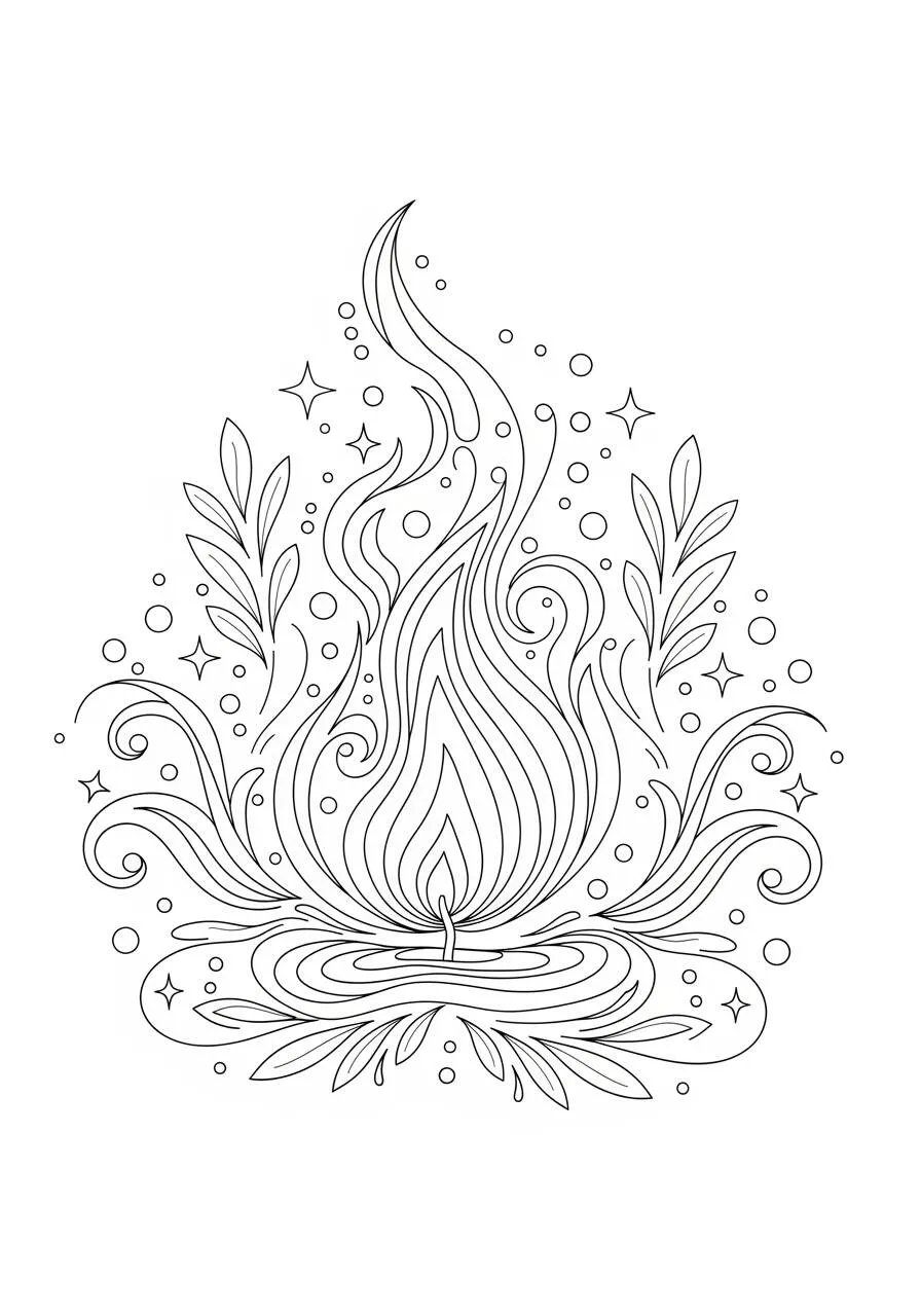 Dibujo estético de llamas con elementos naturales para colorear.