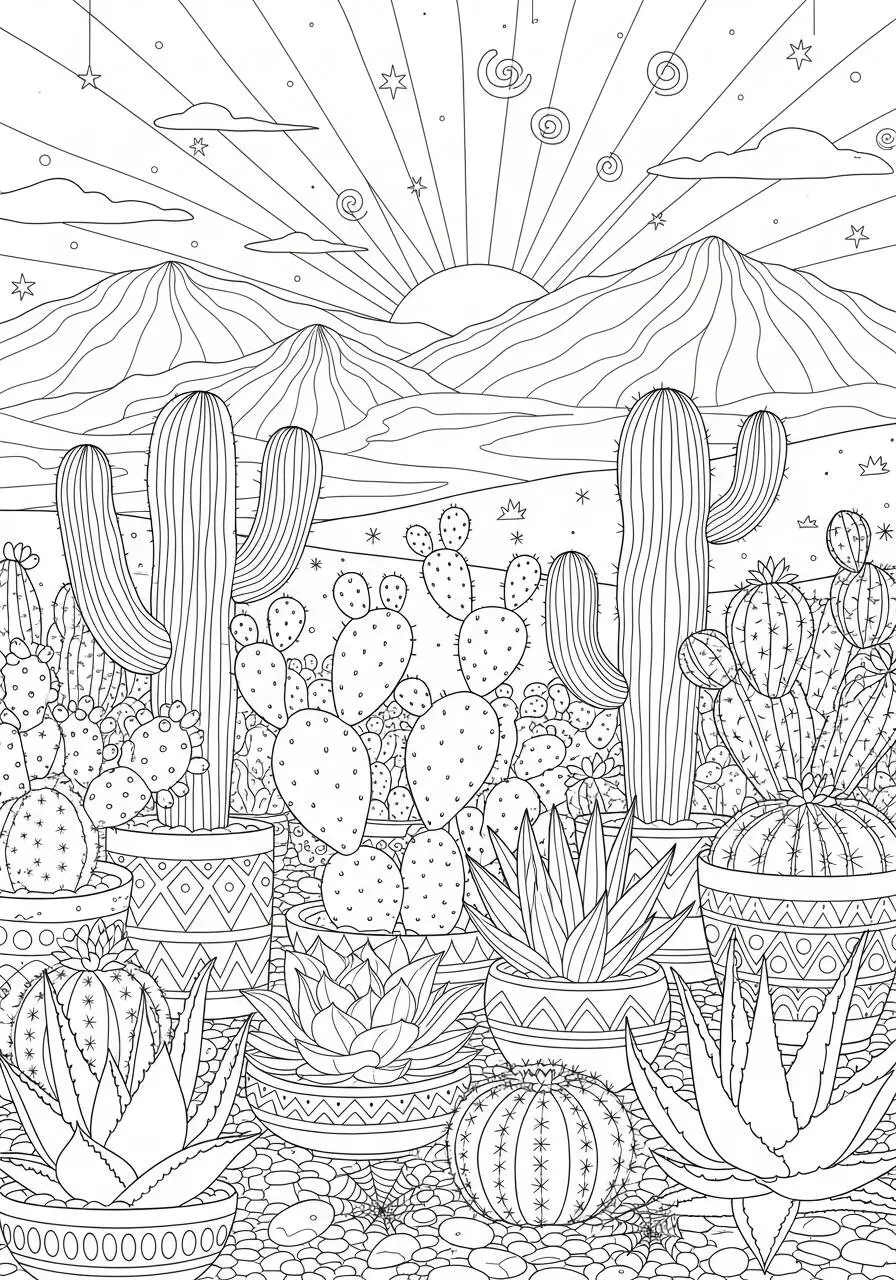 Dibujo estético de cactus y paisaje desértico para colorear