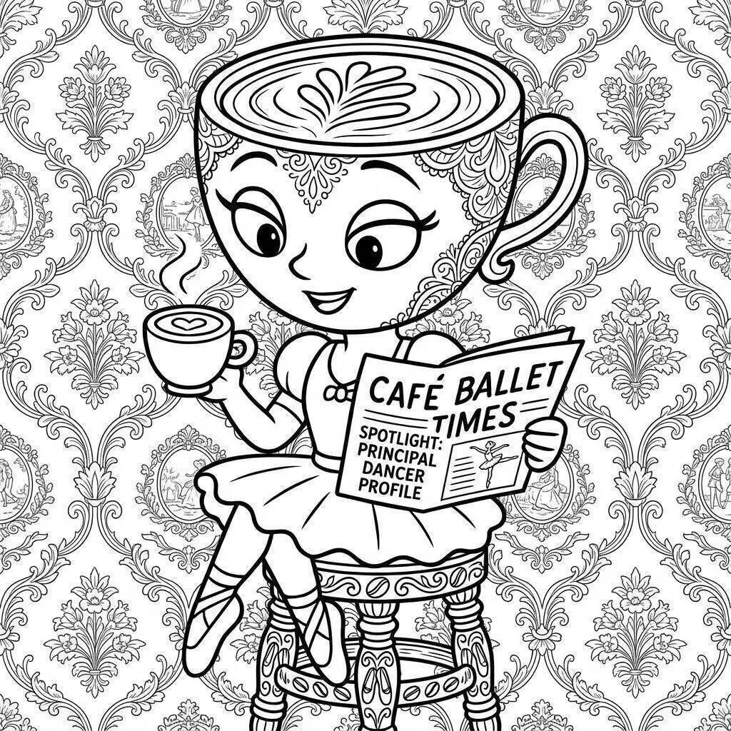 Dibujo de Bailarina Cappuccina leyendo Café Ballet Times para colorear