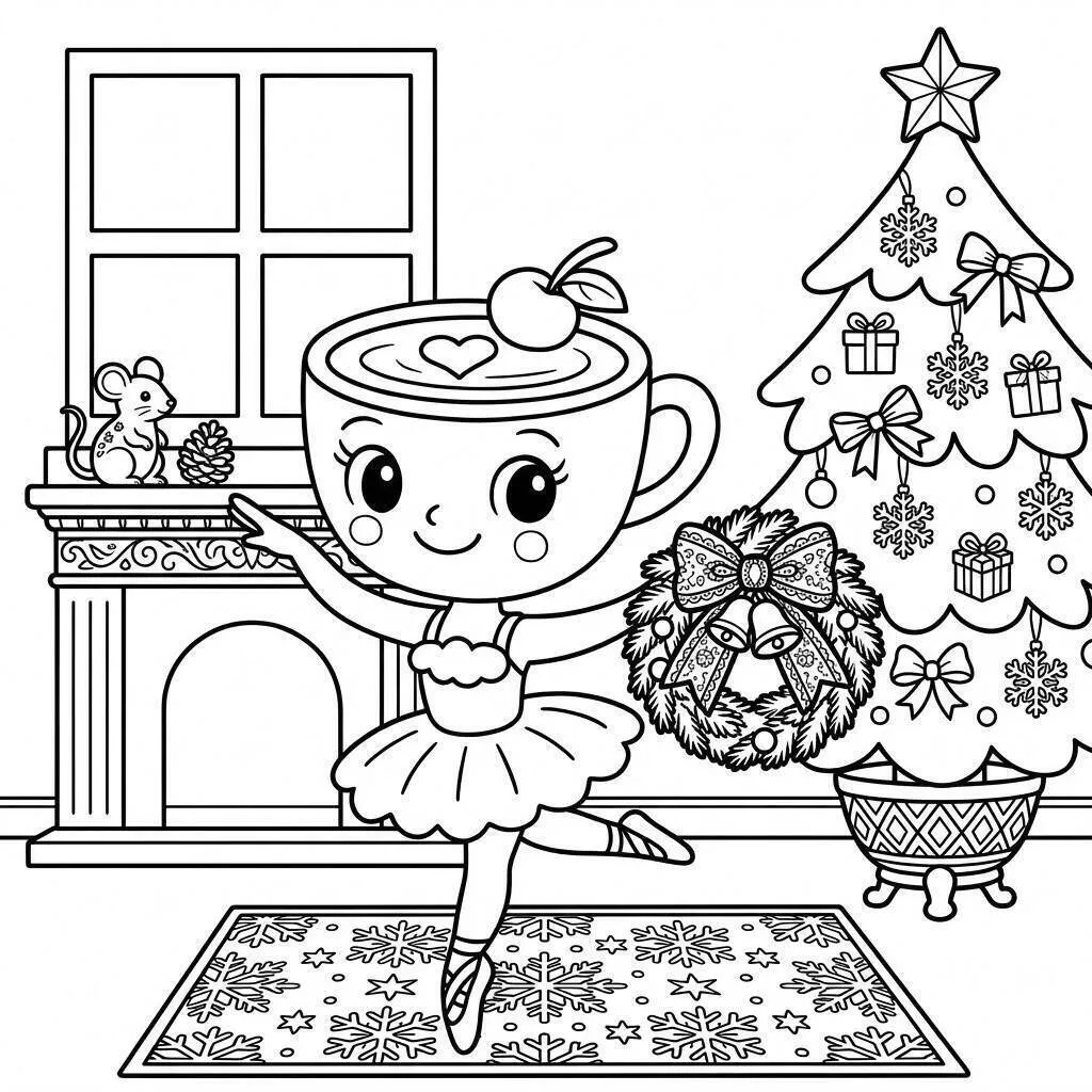 Dibujo de Bailarina Cappuccina bailando con el árbol de Navidad para colorear