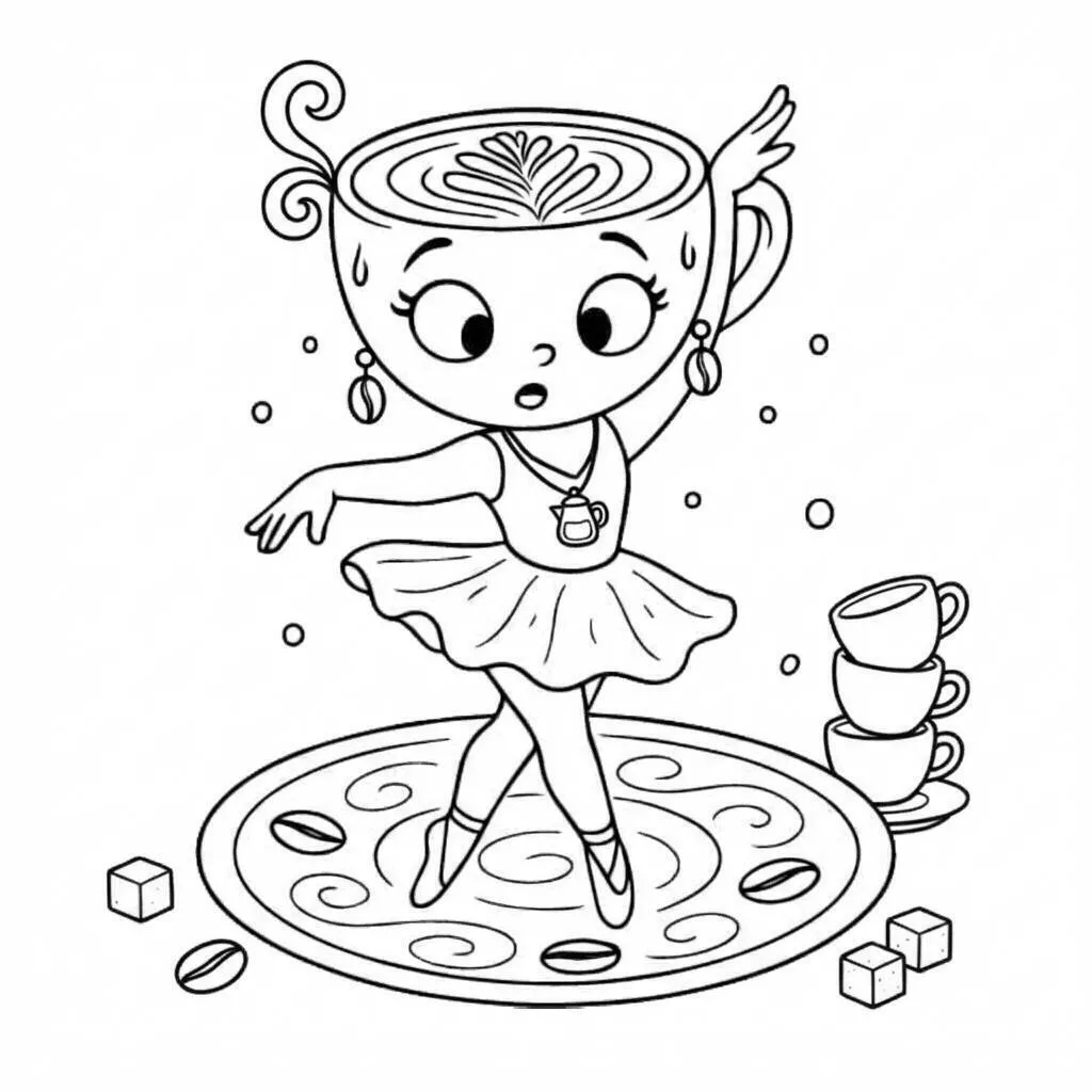 Dibujo de Bailarina Capuchino bailando sobre un plato de café para colorear